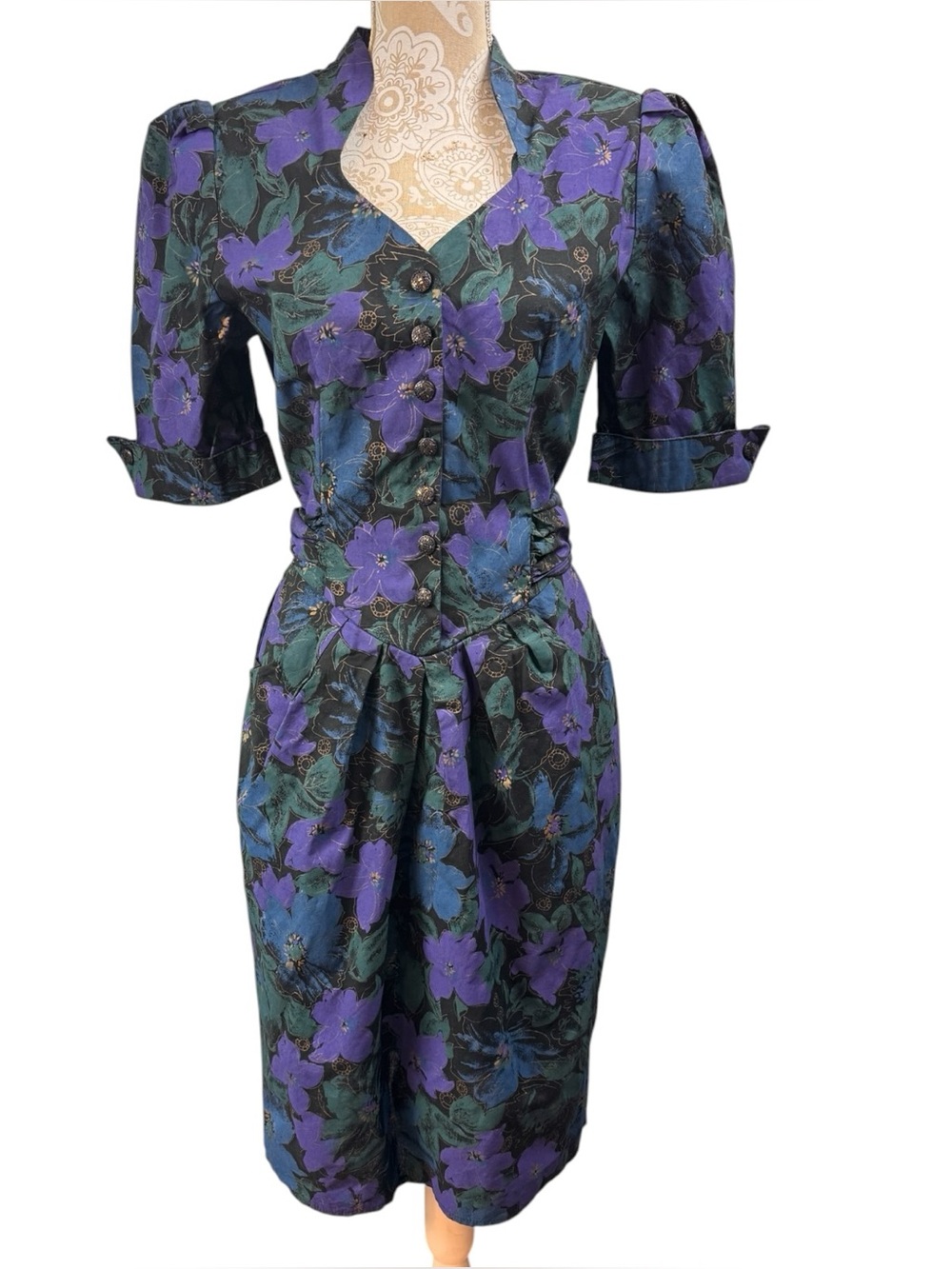 Vintage 80s Black Purple Floral V-Waist Pencil Dress Puff Sleeve 13/14 Moody